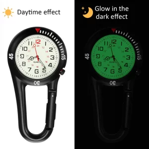Custom Outdoor Mini Round Dial Arabic Numbers Quartz Analog Clip Carabiner Hook Watch Pocket Watch Strong Luminous Black Silver